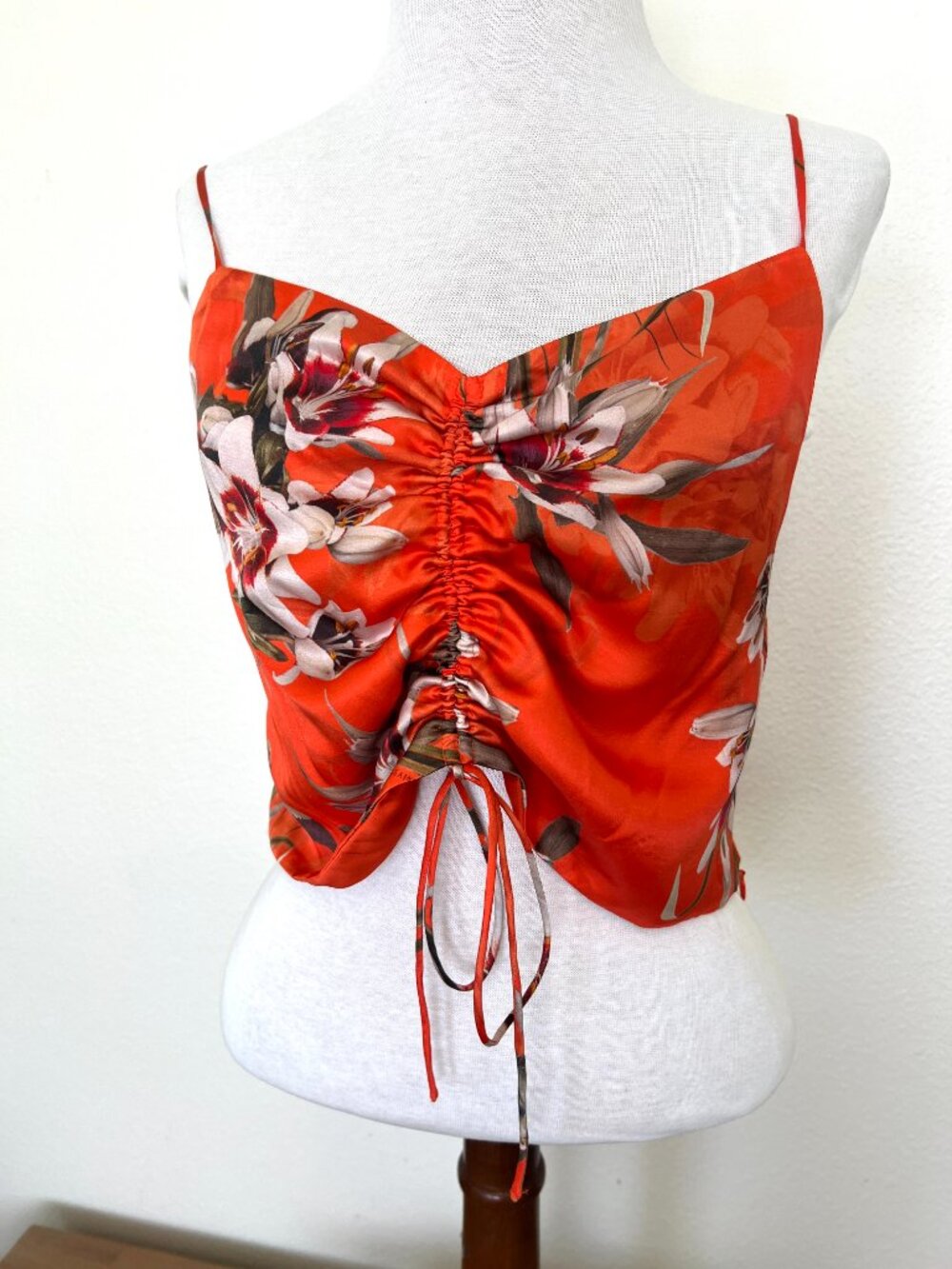 AllSaints Silk Floral Ruched Satin Cami Crop Top Orange Floral - Size 10